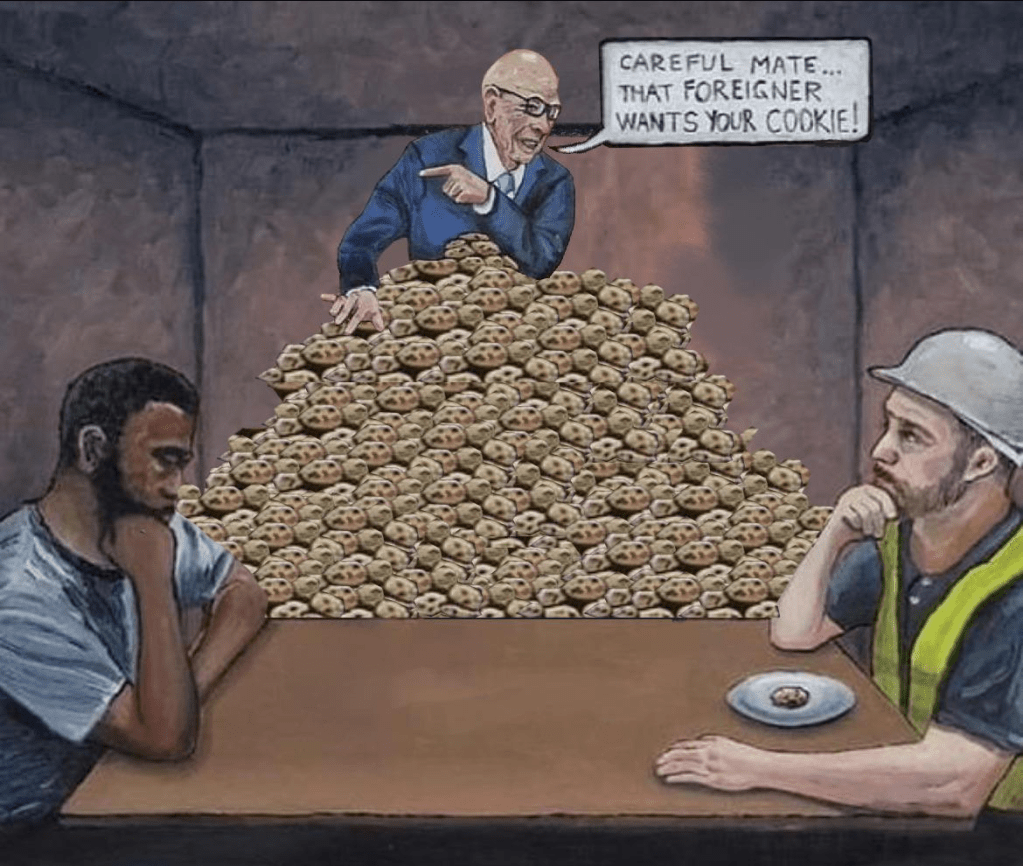 an old, bald white man on top of an enormous pile of cookies points at a downcast black man. "Careful mate, that foreigner wants your cookie!" he says to a younger, working class white man with one cookie